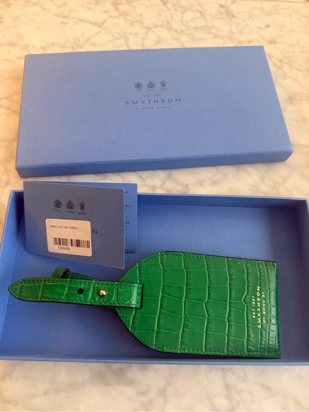 NEW Smythson Mara Luggage Tag Fern Green Croc Embossed Leather w/ Box